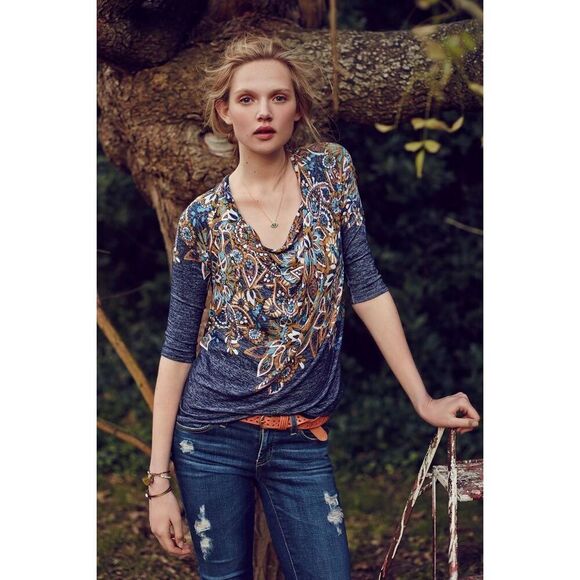 ✨ANTHROPOLOGIE Top Jacaranda Draped Neckline Floral Sz Medium ✨ - Picture 1 of 9
